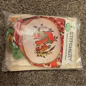 Vintage Anci Craft Mushroom Print Crewel Pillow Kit - Red, Green, Brown